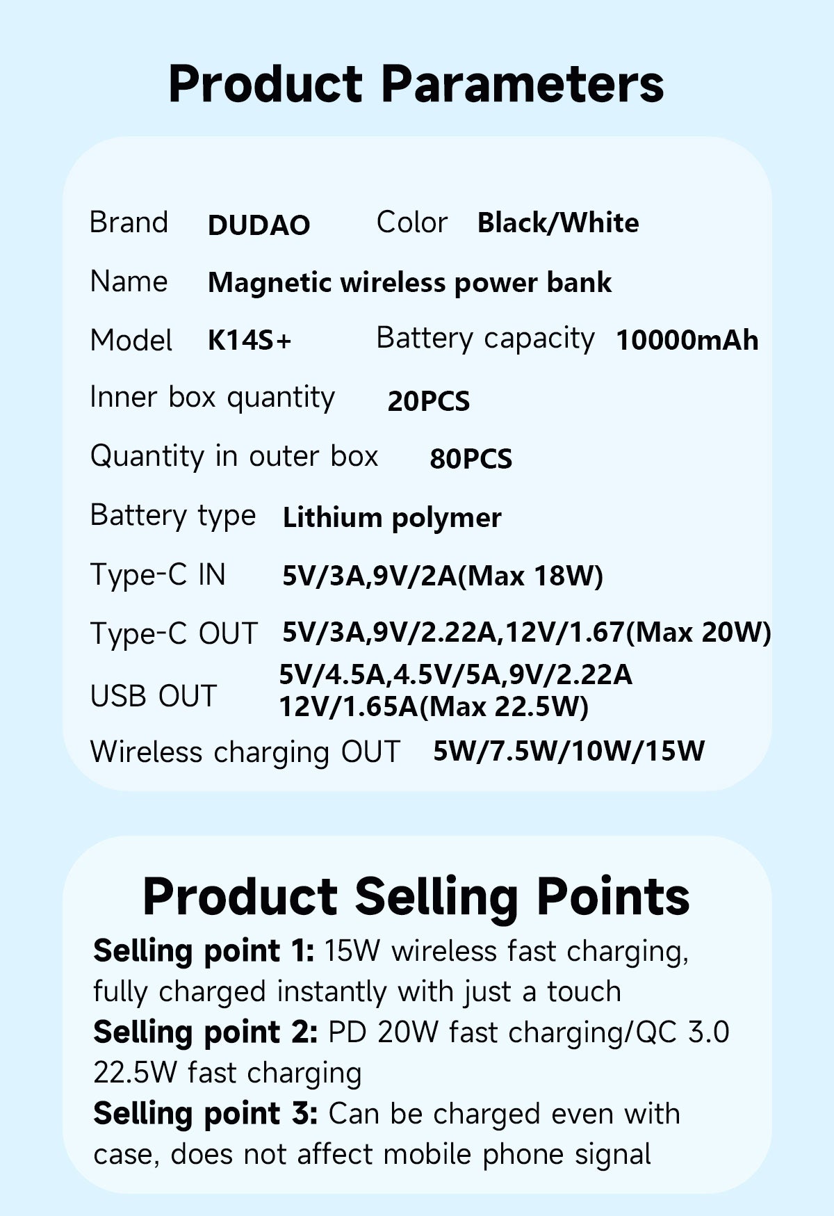 DUDAO K14S+-W1 15W wireless charging 10000mAh White DUDAO K14S+-W1 15W wireless charging 10000mAh White